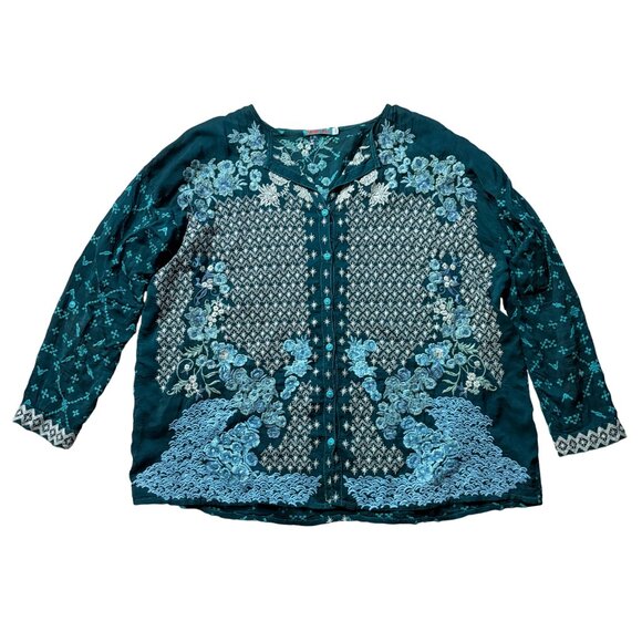 Johnny Was Yoko Embroidered Blouse size L large Lakeside blue button shirt - Picture 10 of 13